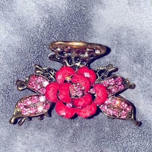 Gold Flower Hair Clip With Pink Jewels